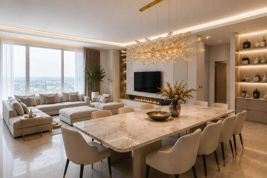 Bespoke tier - living and dining space with marble table
