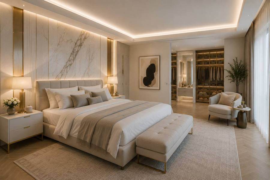 Bespoke tier - primary bedroom with marble feature wall